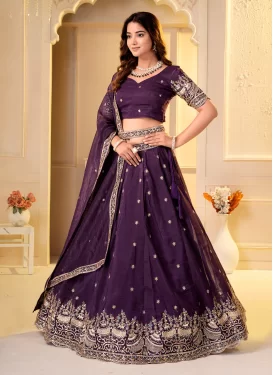Crunchy Silk Trendy Lehenga Choli with Embroidered Work in Purple for Festival