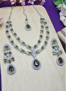 Olive and White Silver Rodium Polish Stone Work Necklace Set