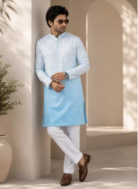 Silk Kurta Pajama in Light Blue and Off White with Embroidered Work for Men