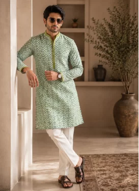 Digital Print Work Cotton Silk Kurta Pajama in Off White and Sea Green for Party