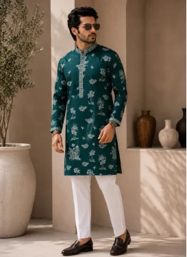 Teal and White Fancy Fabric Kurta Pajama with Digital Print Work for Party