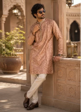 Fancy Fabric Kurta Pajama in Salmon and White with Digital Print Work for Men