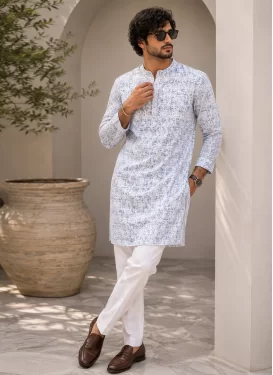 Fancy Fabric Kurta Pajama with Digital Print Work in White