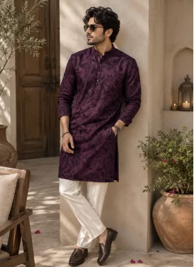 White and Wine Fancy Fabric Chicken Work Kurta Pajama for Men