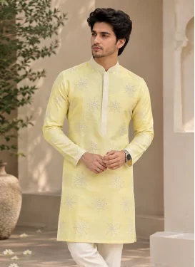 Fancy Fabric Kurta Pajama with Resham Work in White and Yellow