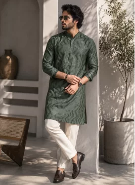 Cotton Kurta Pajama with Chicken Work in Bottle Green and White for Festival