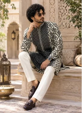 Digital Print Work Fancy Fabric Kurta Pajama in Black and Off White for Men