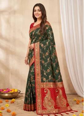 Banarasi Silk Trendy Saree with Woven Work for Women in Bottle Green