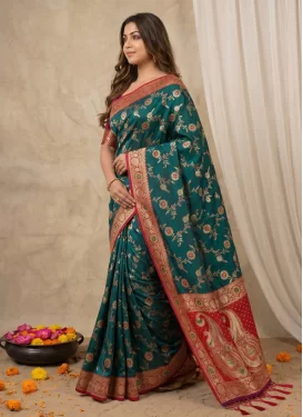 Teal Banarasi Silk Trendy Saree with Woven Work for Festival