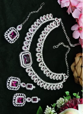 Purple and White Silver Rodium Polish Stone Work Necklace Set