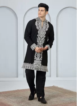 Embroidered Work Art Silk Kurta Pajama in Black for Ceremonial