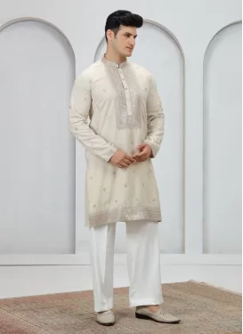Embroidered Work Art Silk Kurta Pajama in Cream and White for Men