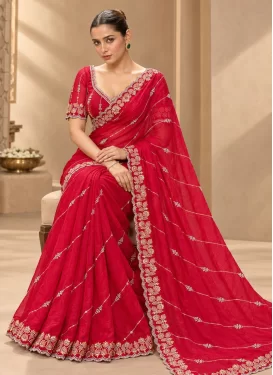 Cutdana Work Fendi Silk Classic Saree in Red for Women