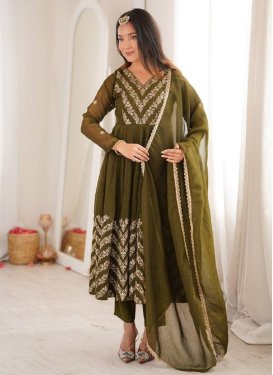Crunchy Silk Anarkali Suit with Embroidered Work in Olive for Festival