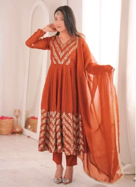 Embroidered Work Crunchy Silk Anarkali Suit in Orange for Women