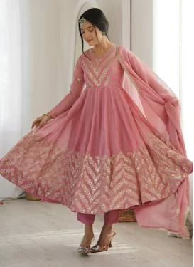 Crunchy Silk Anarkali Suit with Embroidered Work in Pink for Ceremonial