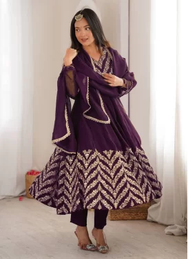 Crunchy Silk Anarkali Suit with Embroidered Work for Festival in Purple