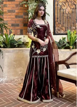 Velvet Palazzo Suit with Embroidered Work for Festival in Maroon
