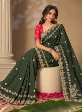 Chinon Traditional Saree in Green with Embroidered Work for Women