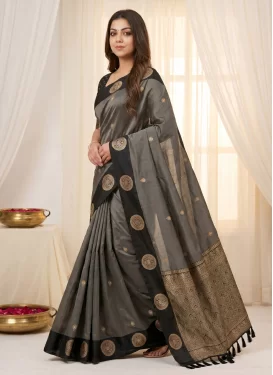 Silk Blend Classic Saree with Woven Work for Ceremonial in Black and Grey