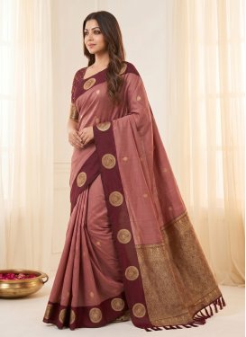 Maroon and Salmon Silk Blend Traditional Saree with Woven Work for Festival