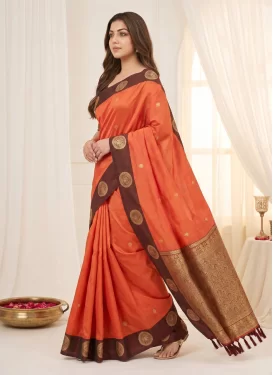 Woven Work Silk Blend Traditional Saree in Orange and Wine for Women