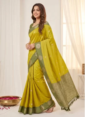 Woven Work Silk Blend Trendy Saree in Olive and Yellow for Women