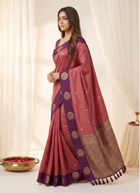 Woven Work Silk Blend Trendy Saree in Purple and Salmon for Women