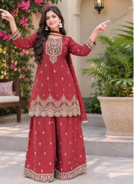 Crunchy Silk Palazzo Suit in Red with Embroidered Work for Festival