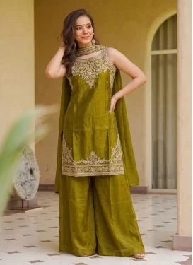 Fendi Silk Palazzo Suit with Embroidered Work for Women in Olive