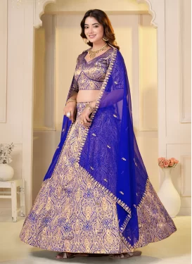 Brocade Trendy Lehenga Choli in Blue with Embroidered Work for Women