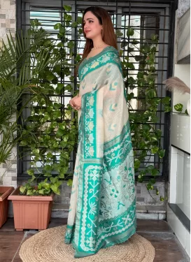 Woven Work Cotton Silk Classic Saree in Aqua Blue and Off White for Women