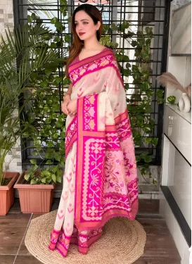 Cotton Silk Classic Saree with Woven Work for Women in Off White and Rose Pink