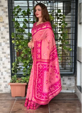 Cotton Silk Traditional Saree with Woven Work in Pink and Rose Pink