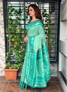 Woven Work Cotton Silk Traditional Saree in Sea Green and Teal for Women