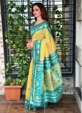 Teal and Yellow Cotton Silk Traditional Saree with Woven Work for Festival
