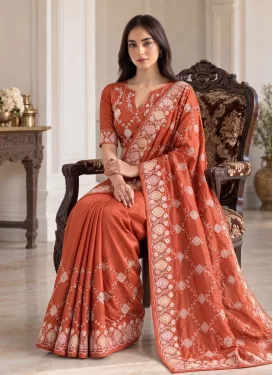 Orange Fancy Fabric Trendy Saree with Embroidered Work for Ceremonial