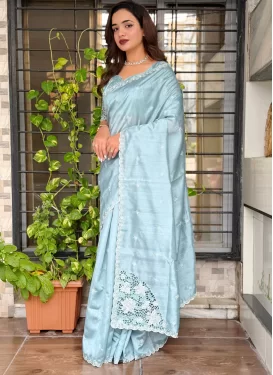 Firozi Tussar Silk Traditional Saree with Embroidered Work for Festival