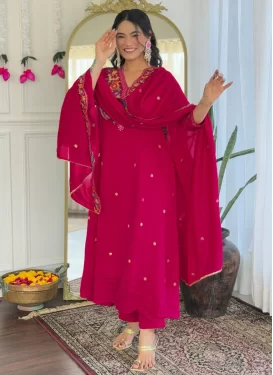 Vichitra Silk Readymade Salwar Suit with Embroidered Work for Festival in Rose Pink