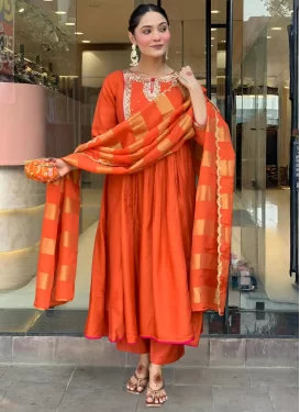 Resham Work Chanderi Silk Readymade Salwar Suit in Orange for Ceremonial