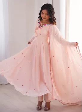 Embroidered Work Georgette Anarkali Suit in Salmon for Women