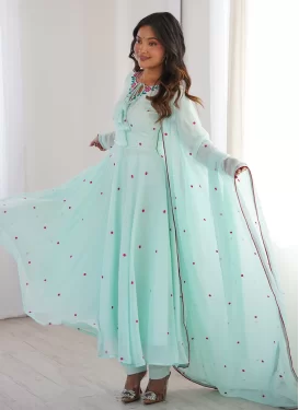 Embroidered Work Georgette Anarkali Suit in Firozi for Ceremonial