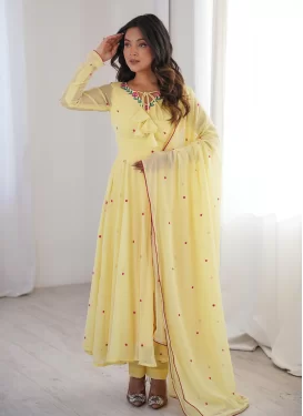 Embroidered Work Georgette Anarkali Suit in Yellow for Women