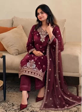Maroon Fendi Silk Punjabi Salwar Suit with Embroidered Work for Festival
