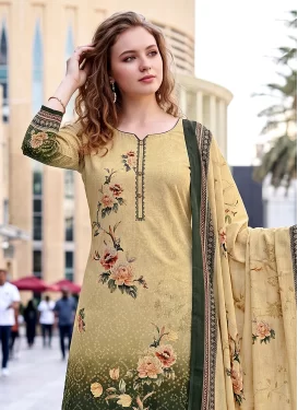 Cotton Palazzo Suit with Digital Print Work for Women in Bottle Green and Cream