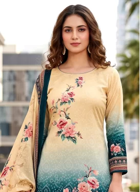 Cotton Palazzo Suit with Digital Print Work in Cream and Teal for Festival