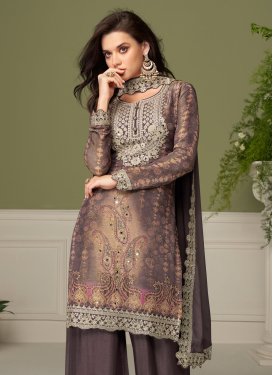 Digital Print Work Chinon Palazzo Suit in Coffee Brown for Party