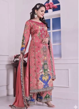 Salmon Chinon Palazzo Suit with Digital Print Work for Ceremonial