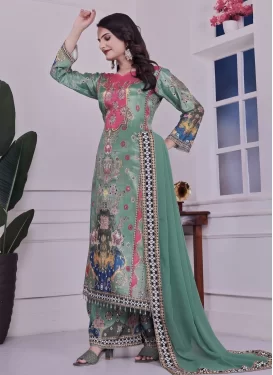 Digital Print Work Chinon Palazzo Suit in Aqua Blue for Festival