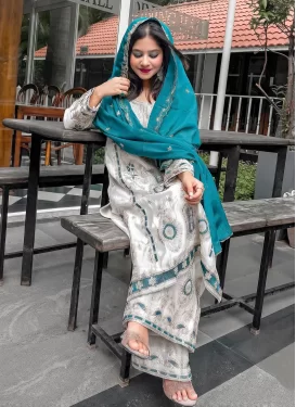 White Chinon Embroidered Work Palazzo Suit for Women